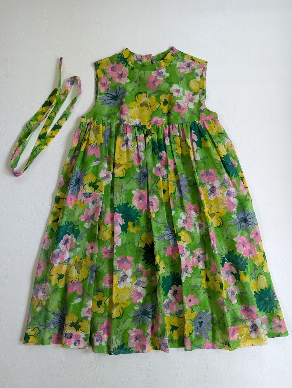 Vtg 60's 70's Handmade Dress Girls Size 12-14 Empire Waist Green Floral